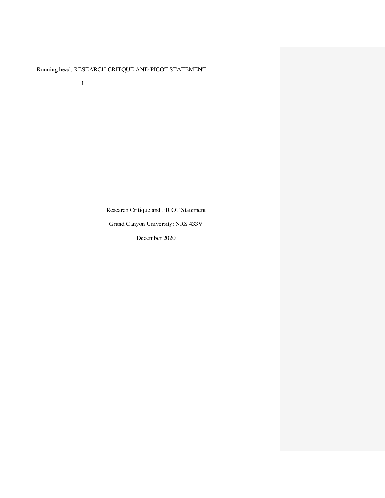 Preview image of NRS 433V Week 5 Research Critiques and PICOT Statement Final Draft document